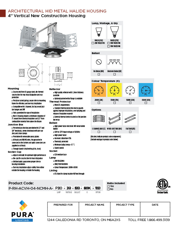 Pura Lighting Specfication Sheet Layout design