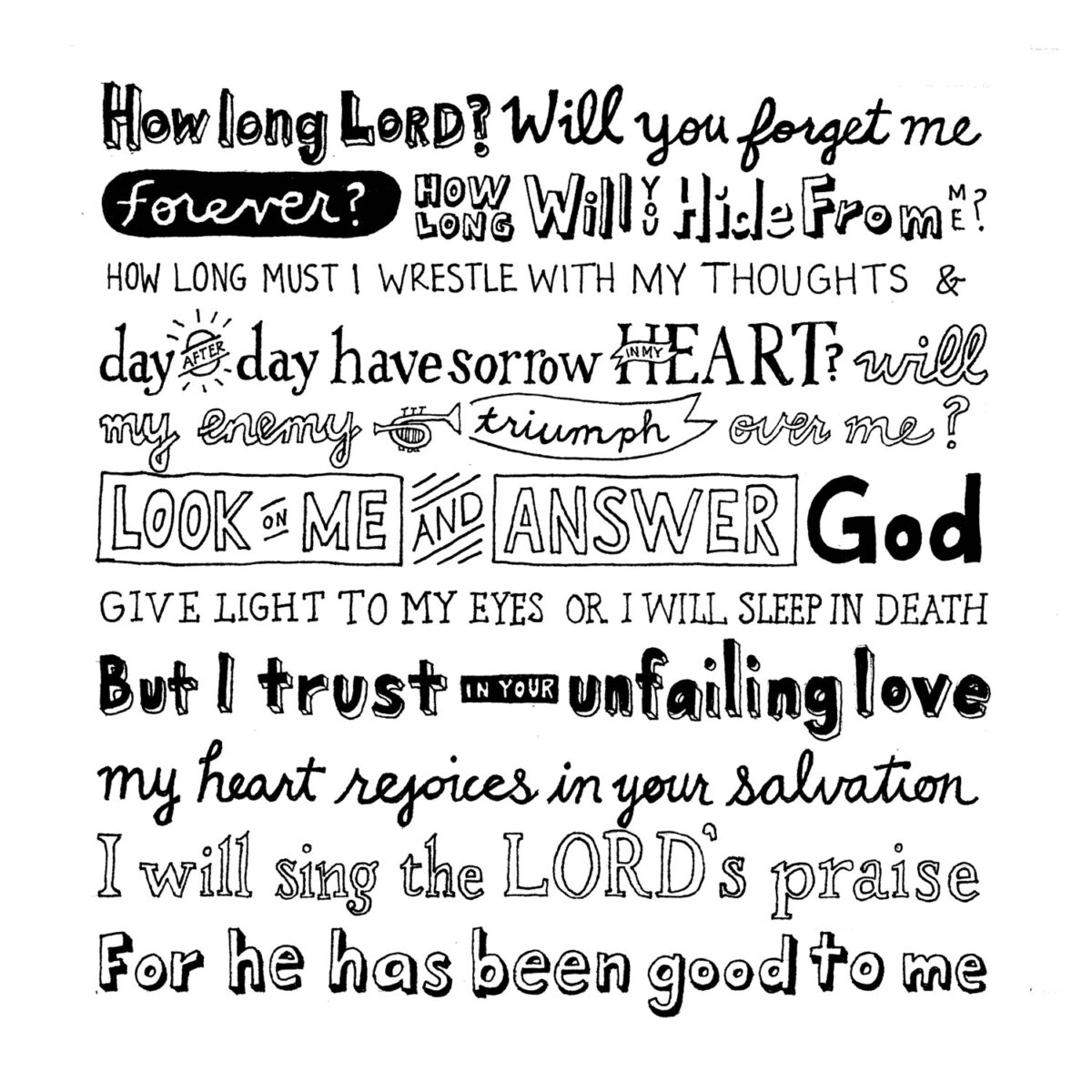 Hand lettering that depicts all of Psalm 13.
