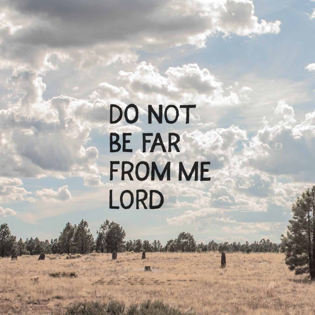 Hand Lettering on a photo of Flagstaff, Arizona that reads: Do not be far from me lord