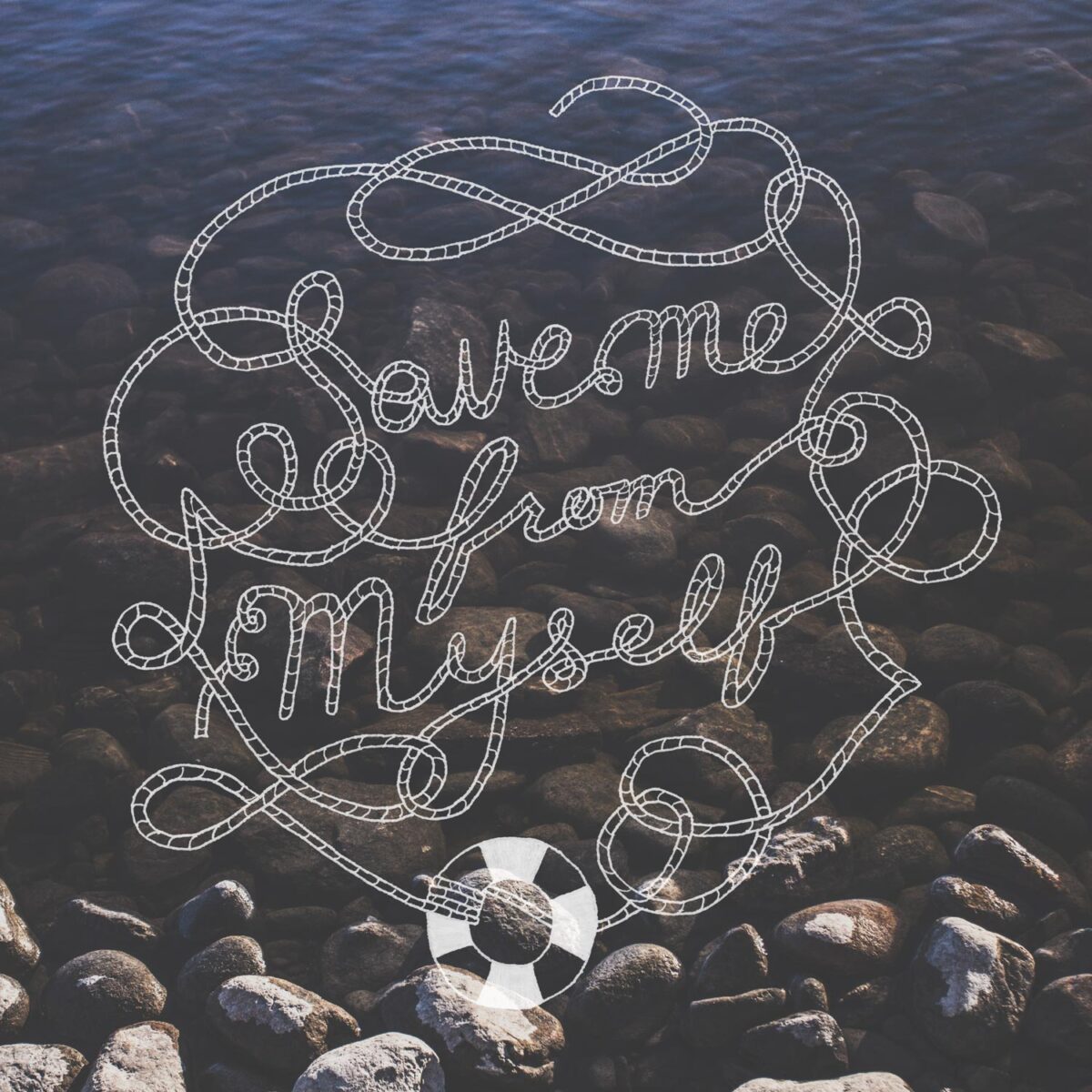 Hand Lettering of Psalm 39. Lettering illustration of rope that reads: Save me from myself. Overlayed on a lake.