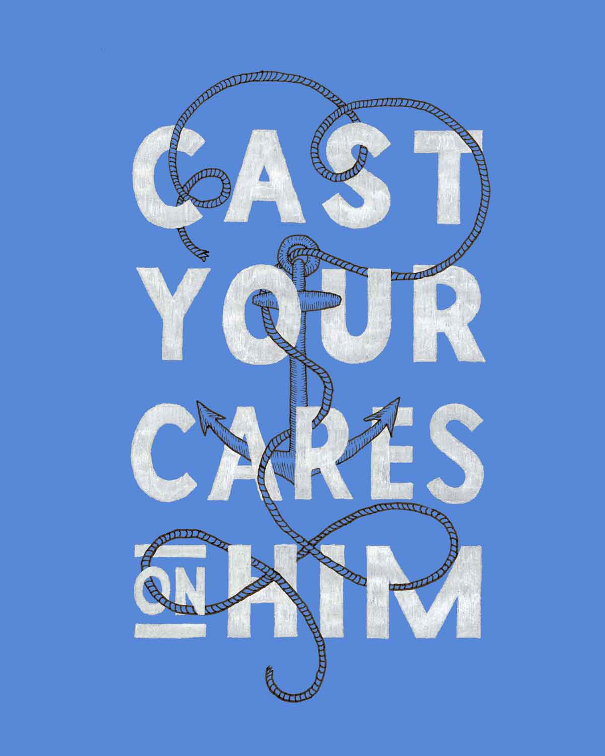 Psalm 55 hand lettering that reads: Cast your cares on him