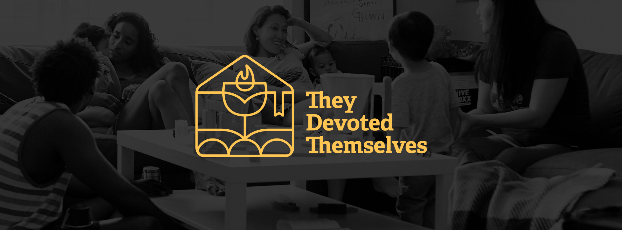 The Devoted Themselves logo design overlay on a smallgroup of people meeting