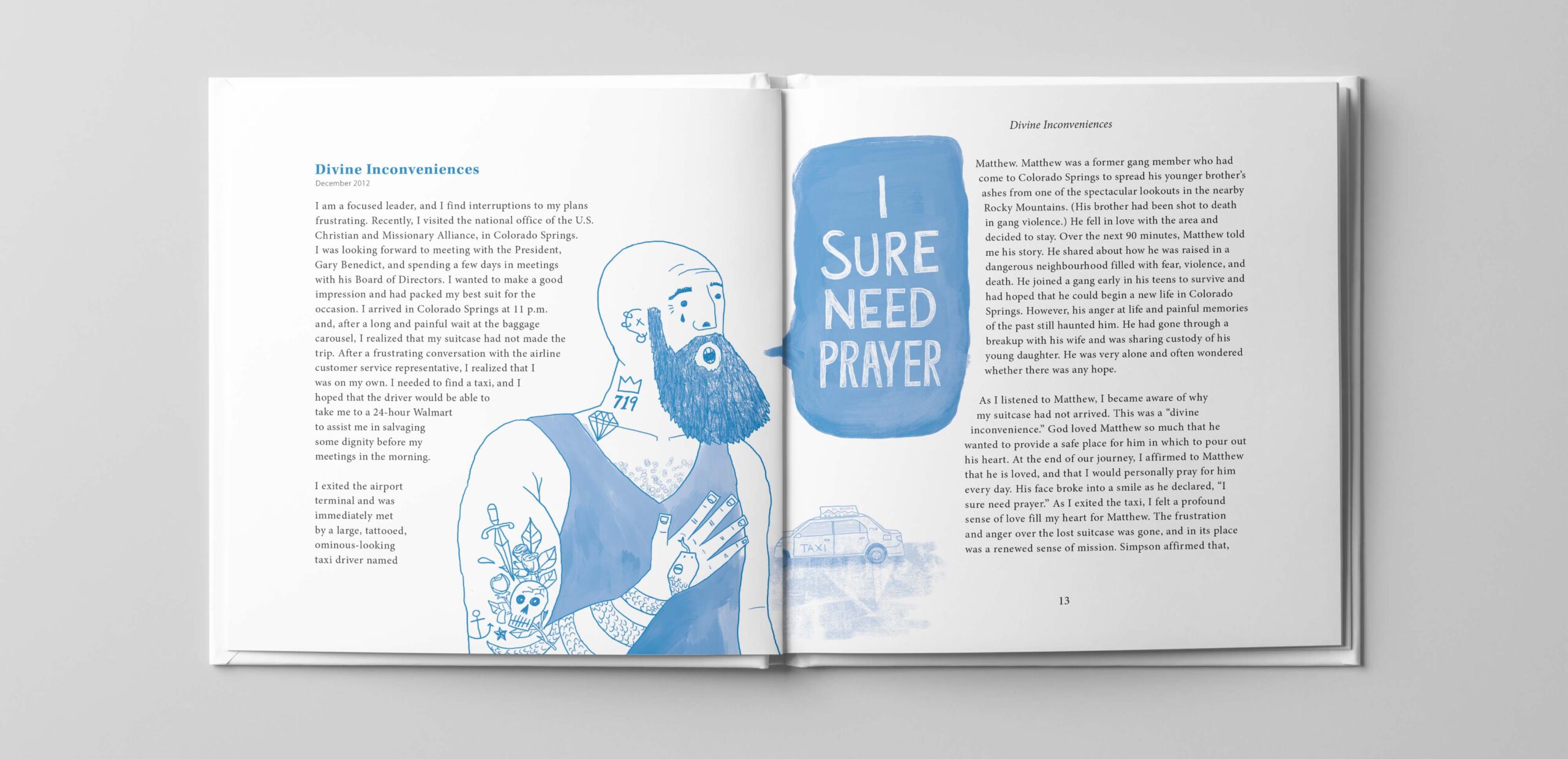 Editorial Illustration of former gang member asking for prayer.