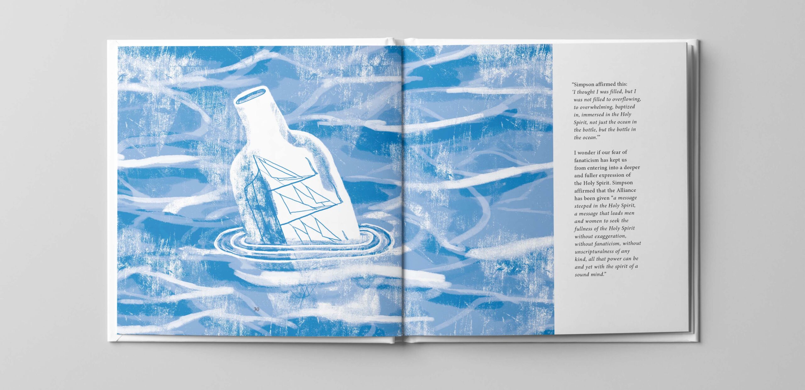 Editorial Illustration of a ship in a bottle that is floating in the ocean.