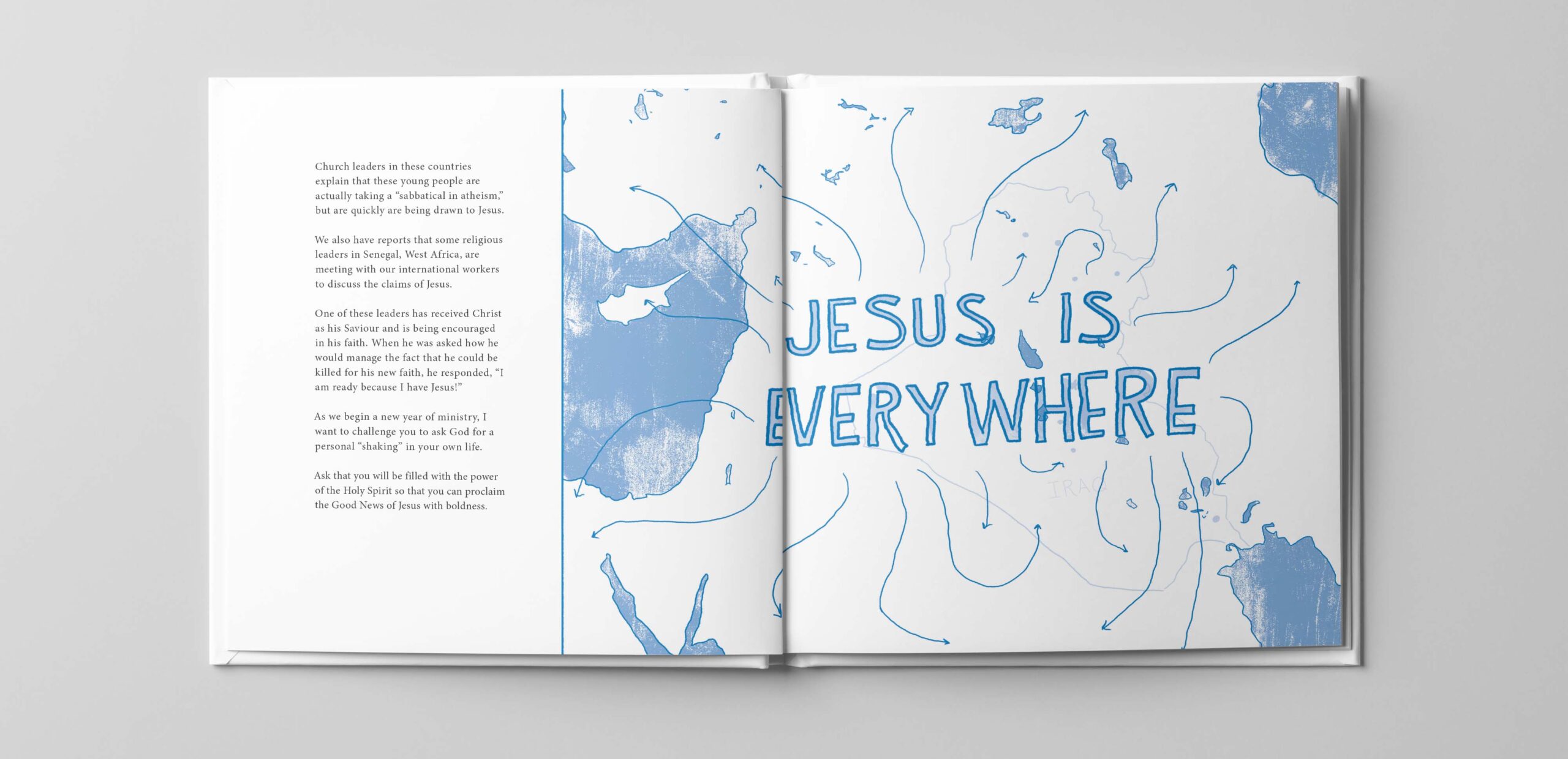 Editorial illustration and hand lettering depicting a map of the middle east that reads: Jesus is Everywhere