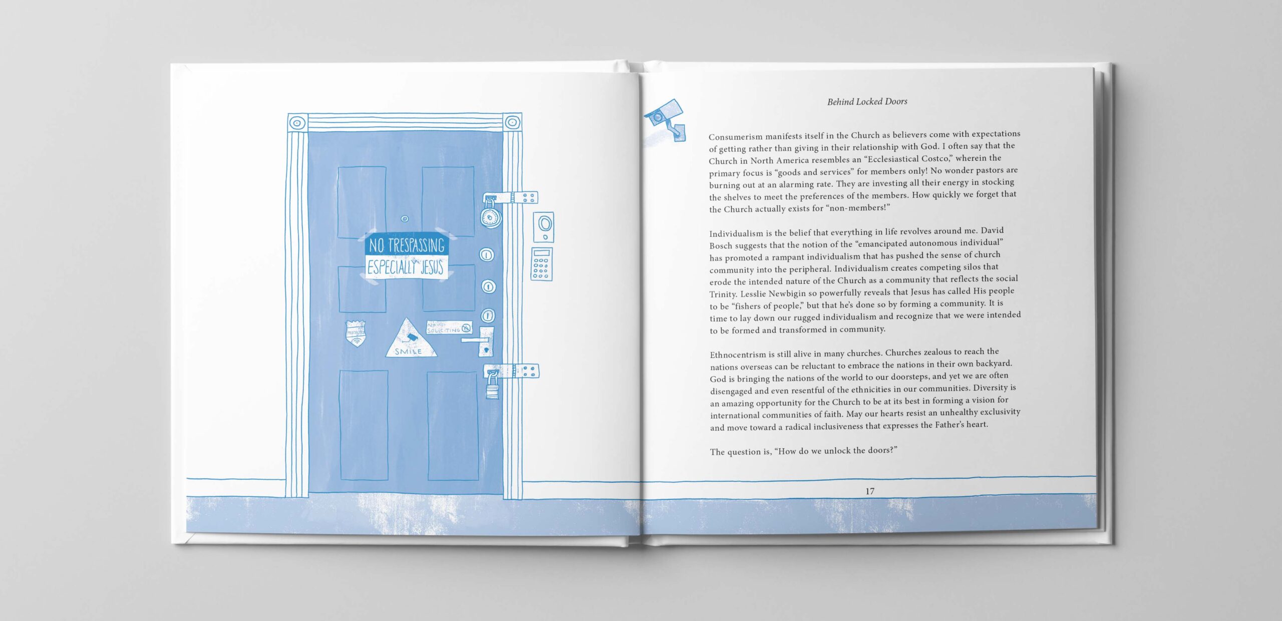 Editorial Illustration of locked door that reads: No Tresspassing, especially Jesus.