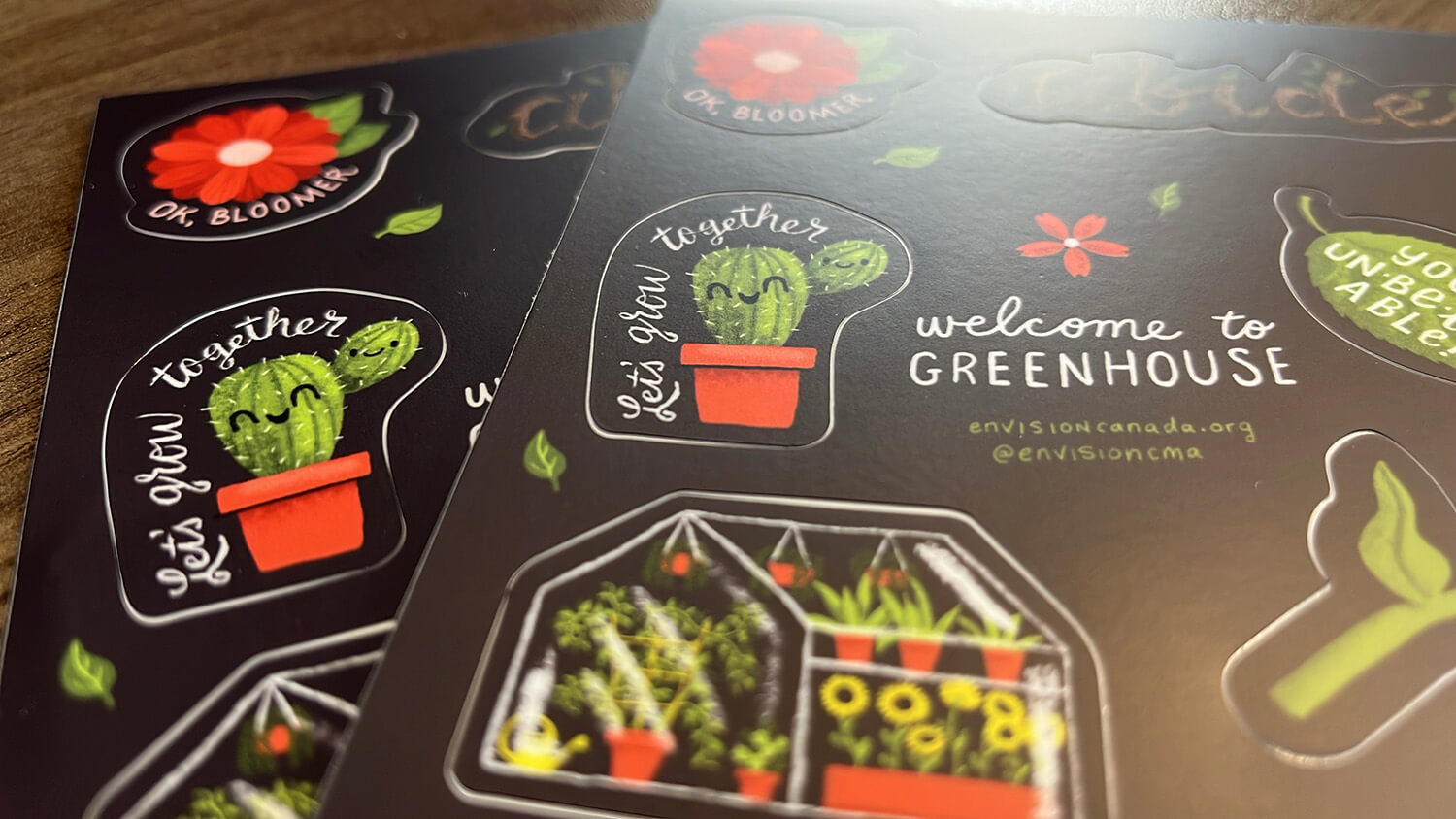 Envision Greenhouse Stickersheet. Hand lettered stickers and illustrations for Envision Greenhouse
